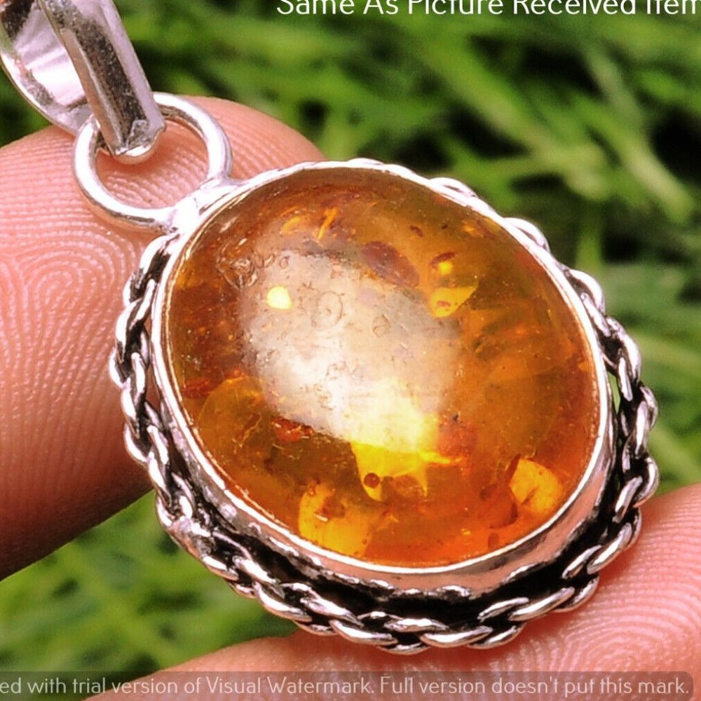 Gorgeous Real Amber Gemstone 925 Sterling Silver Plated Handmade Jewelry Pendant